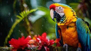 ai generado un color arcoiris loro en un lozano selva. generativo ai foto