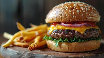 AI generated Hamburger and Fries on Wooden Table photo