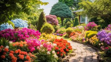 ai generado un color arcoiris jardín con floreciente flores generativo ai foto