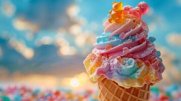 AI generated Colorful Ice Cream Cone Against Blue Sky photo