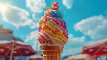 AI generated Colorful Ice Cream Cone Against Blue Sky photo