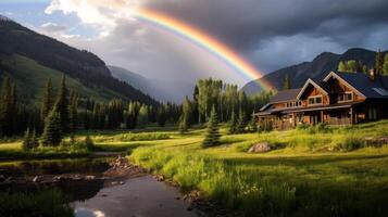AI generated Rainbow over a mountain lodge. Generative AI photo