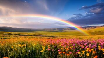 ai generado arco iris formando encima flores silvestres generativo ai foto