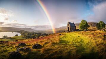 AI generated Rainbow above a hillside chapel. Generative AI photo