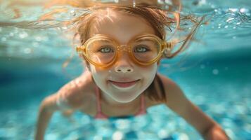 ai generado joven niña nadando submarino en piscina foto