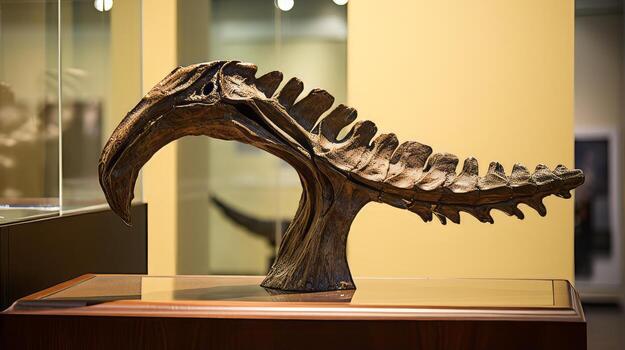 AI generated Velociraptor claw replica in museum. Generative AI photo