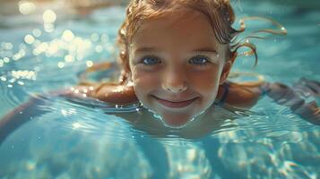 ai generado joven niña nadando submarino en piscina foto