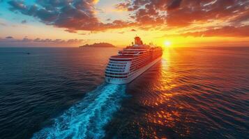 ai generado crucero Embarcacion navegación a puesta de sol foto