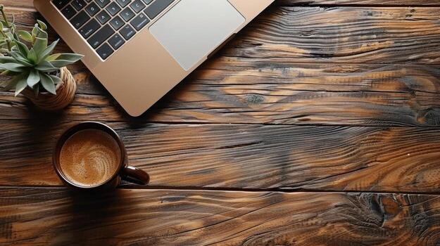 AI generated Laptop Computer on Wooden Table photo