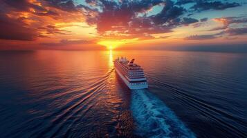 ai generado crucero Embarcacion navegación a puesta de sol foto