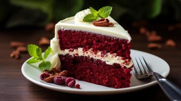 AI generated A slice of heavenly and decadent red velvet cake with cream cheese frosting. Generative AI photo