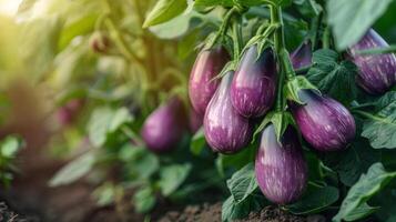 AI generated Purple Eggplant Growing in Garden photo