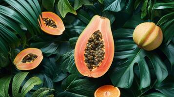 AI generated Halved Papaya on Leaves photo