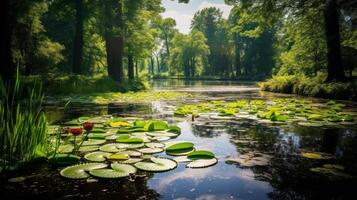 AI generated A serene pond with floating lily pads. Generative AI photo