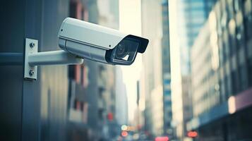AI generated A surveillance camera monitoring a city street. Generative AI photo