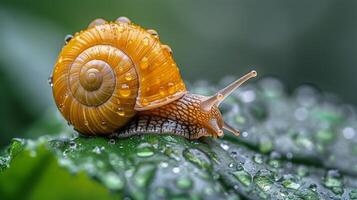 ai generado caracol gateando en hoja cerca arriba foto