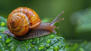 AI generated Snail Crawling on Leaf Close Up photo