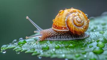 ai generado caracol gateando en hoja cerca arriba foto