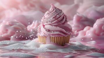 AI generated Cupcake With Pink Frosting on Table photo