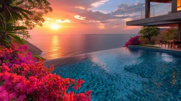 AI generated Setting Sun Over Ocean With Flowers photo