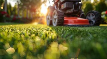 AI generated Red Lawn Mower on Green Lawn photo