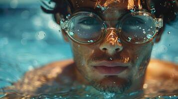 ai generado hombre vistiendo gafas de protección nadando en piscina foto