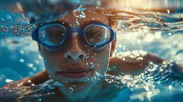 ai generado hombre vistiendo gafas de protección nadando en piscina foto