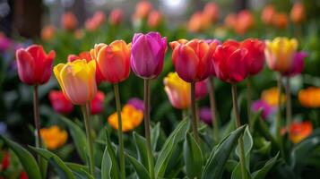 AI generated Red and Yellow Tulips in Field photo