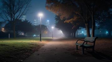 AI generated Peaceful park bench surrounded by lush green grass. Generative AI photo