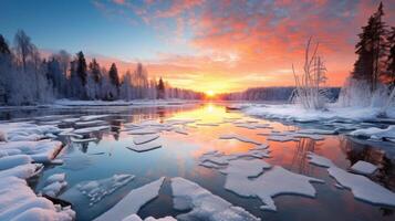 AI generated A winter sunrise over a frozen lake. Generative AI photo