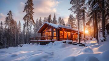 AI generated A winter cabin bathed in warm light. Generative AI photo