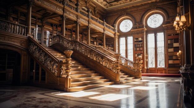 AI generated Architectural beauty in a grand library. Generative AI photo