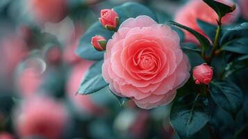 AI generated Close Up of Pink Flower With Green Leaves photo