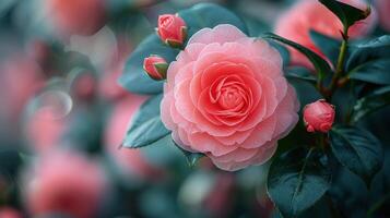 ai generado cerca arriba de rosado flor con verde hojas foto