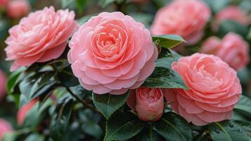 ai generado cerca arriba de rosado flor con verde hojas foto