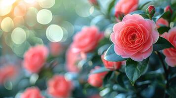 AI generated Close Up of Pink Flower With Green Leaves photo