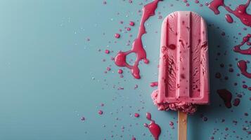 AI generated Pink Iced Popsicle on Blue Background photo