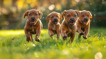 AI generated Three Puppies Running Through Grass photo