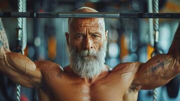 AI generated Man With Grey Hair and Beard on Gym Swing photo