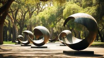 AI generated Artistic sculptures in a park setting. Generative AI photo