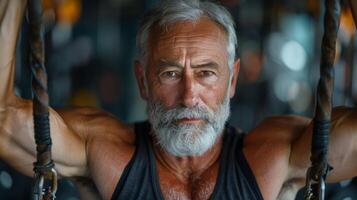AI generated Man With Grey Hair and Beard on Gym Swing photo