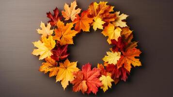 AI generated Autumn leaves arranged in a wreath. Generative AI photo