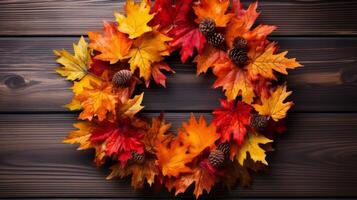 AI generated Autumn leaves arranged in a wreath. Generative AI photo