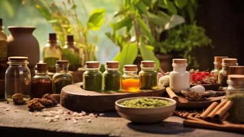 AI generated Ayurvedic herbs and oils arranged in a spa setting. Generative AI photo