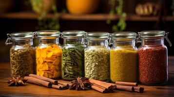AI generated Ayurvedic herbal remedies in glass jars. Generative AI photo