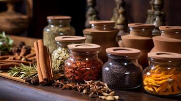 AI generated Ayurvedic herbs and spices in decorative containers. Generative AI photo