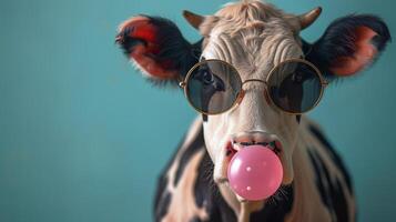 AI generated Black and White Cow Wearing Red Glasses photo