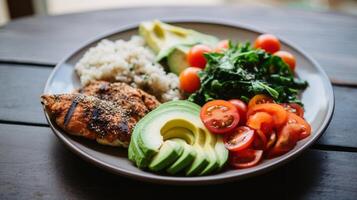 ai generado equilibrado comida arreglo plato de bondad. generativo ai foto