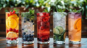 AI generated Row of Glasses Filled With Various Drinks photo