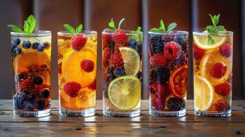 AI generated Four Glasses Filled With Different Types of Fruit photo
